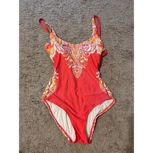 Carmen Marc valvo orange paisley rhinestone cut out one piece sz 6